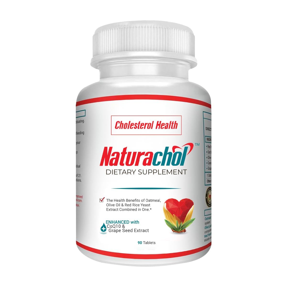 Naturachol red yeast rice bottle highlighting key ingredients for cholesterol support.