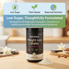 Naturade box packaging communicates plant-based protein and low sugar.
