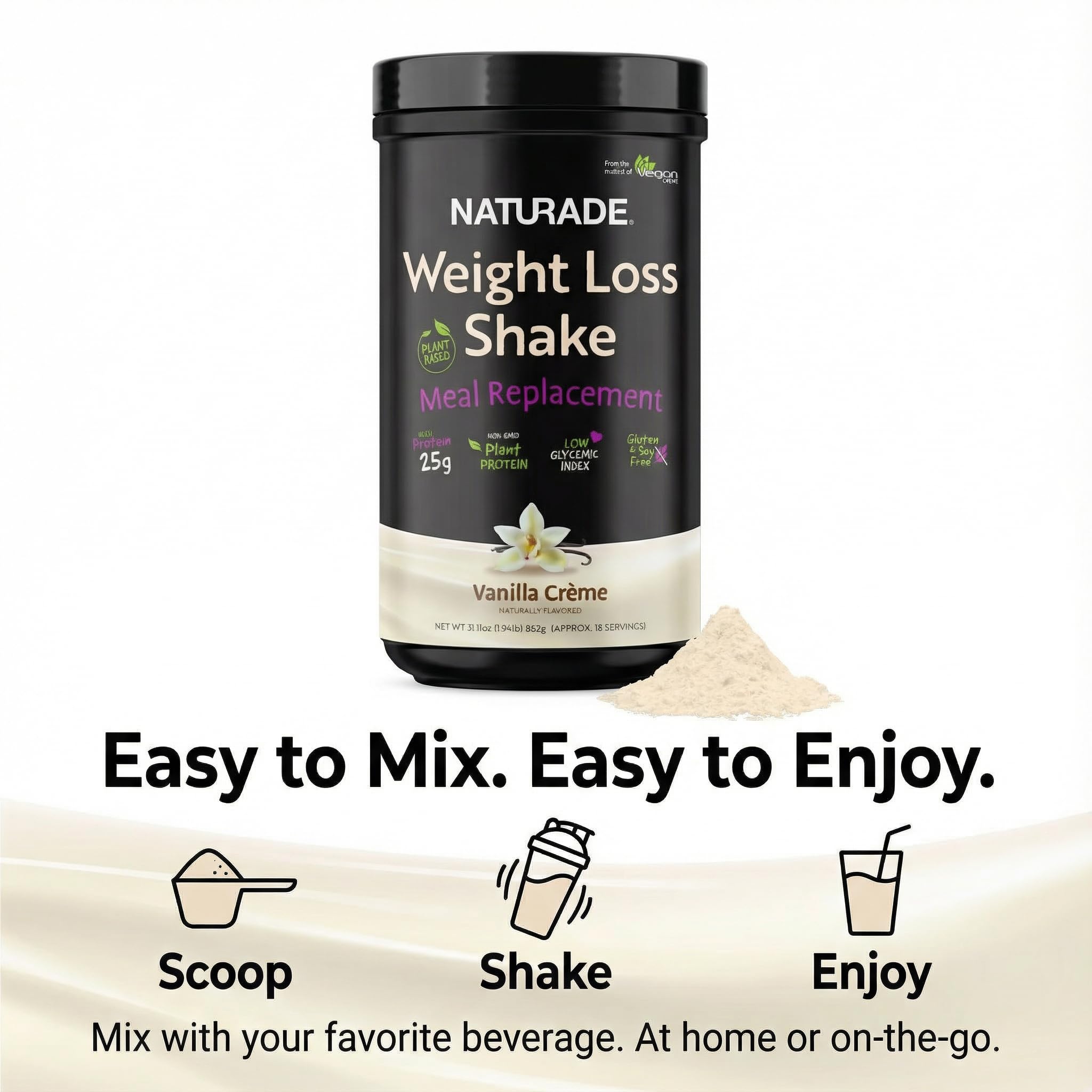 Naturade shake poured into glass demonstrates quick meal replacement.
