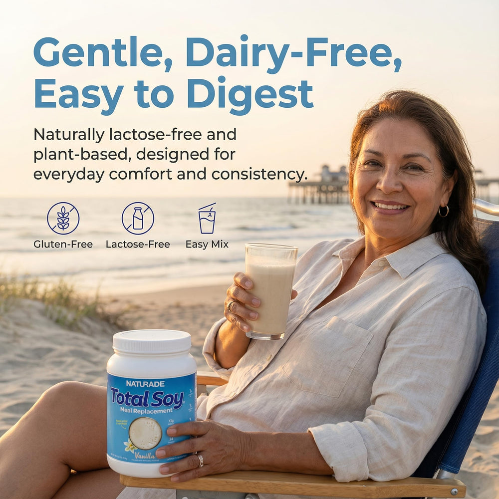 Naturade Total Soy daily shake cup suggests versatile use in smoothies.