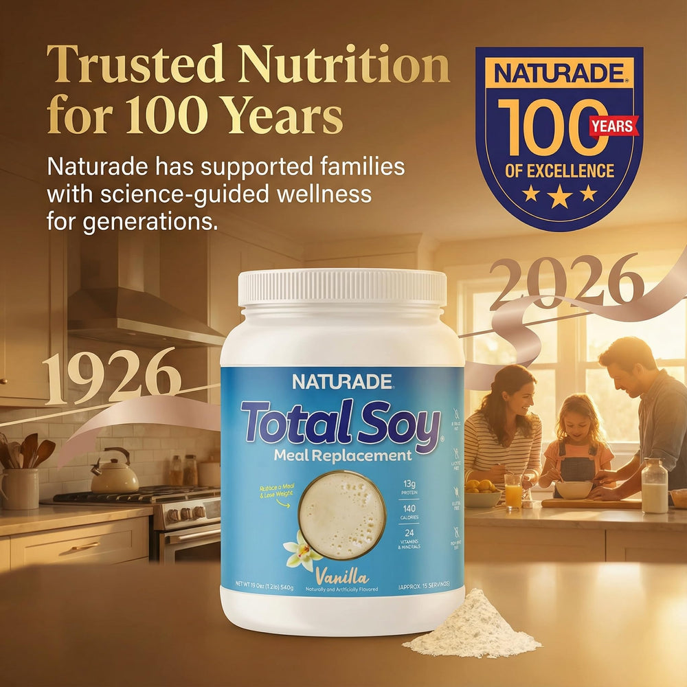 Naturade Total Soy vanilla blender shot showcases nutritious vegan meal replacement.