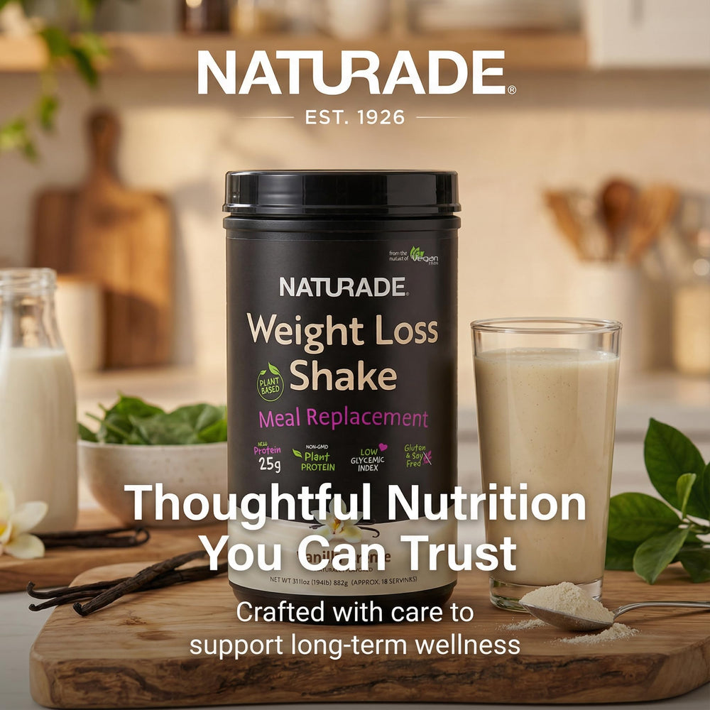 Naturade vanilla shake paired with snack for balanced daily intake.