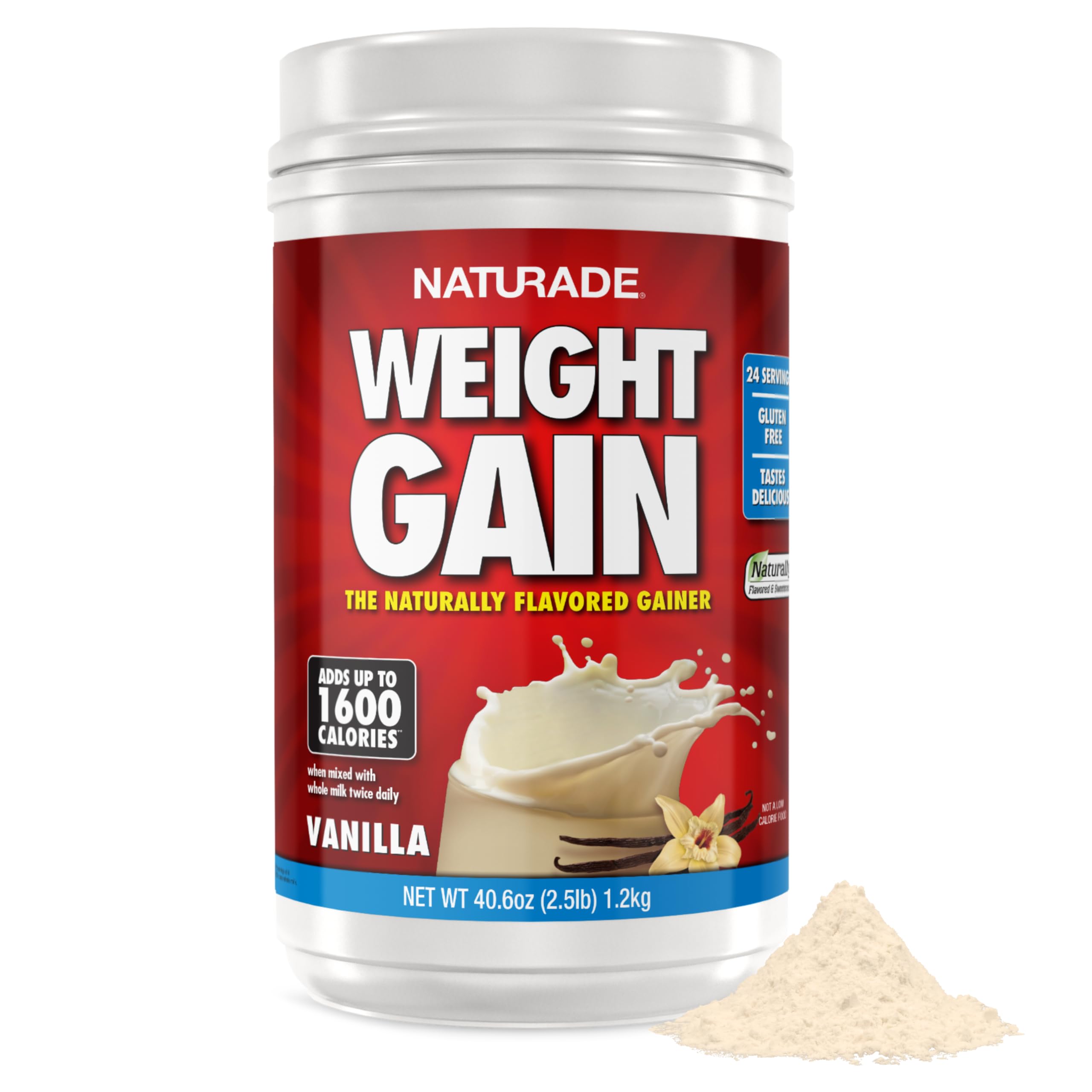 Naturade Weight Gain Nutrition Drink Mix bottle in vanilla flavor, ready to use.