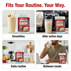 A glass of Naturade Weight Gain vanilla shake for on-the-go nutrition.