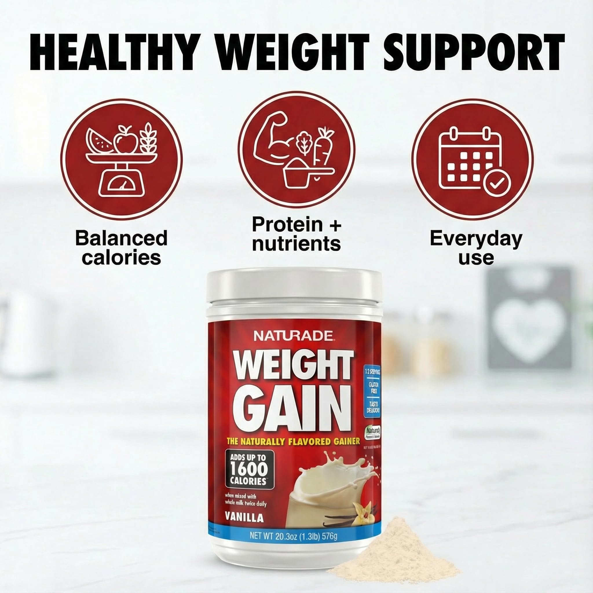 Naturade Weight Gain vanilla tub of powder for convenient scooping.