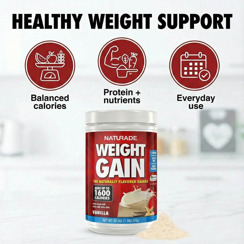 Naturade Weight Gain vanilla tub of powder for convenient scooping.