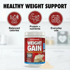 Naturade Weight Gain vanilla tub of powder for convenient scooping.