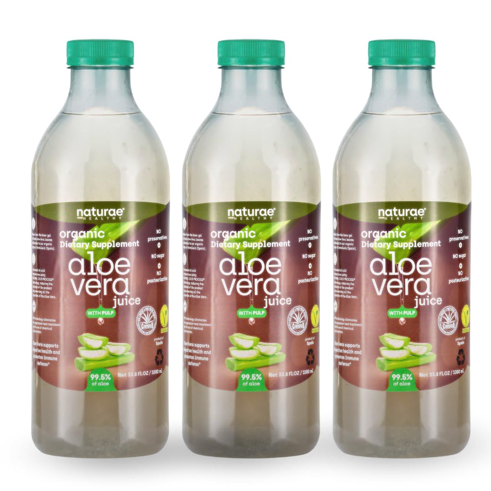 Naturae Aloe Vera Juice with Pulp bottle front shows pure, organic hydration for daily use.