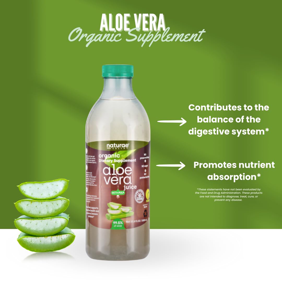 Naturae Aloe Vera pulp visible in the juice signals natural texture.