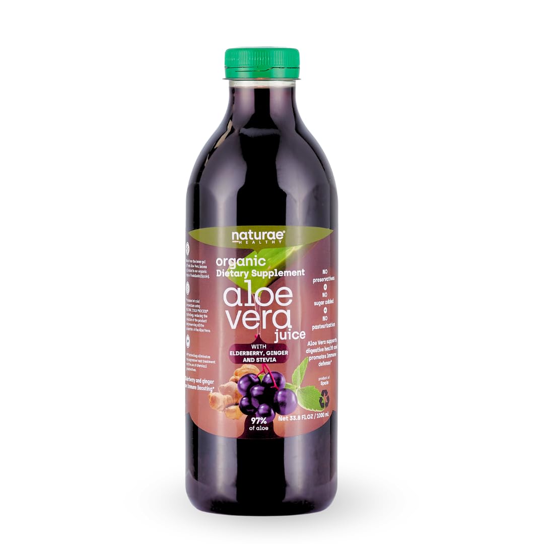 Naturae Healthy Aloe Vera with Elderberry bottle showing natural ingredients and plant-based goodness.