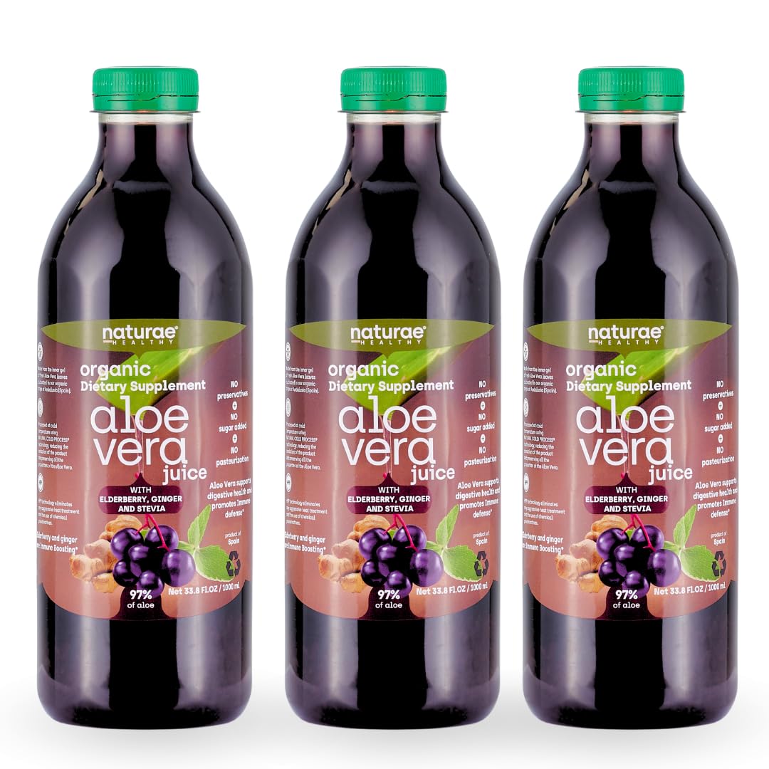 Naturae Healthy Aloe Vera Juice bottle with elderberry for natural digestive support.