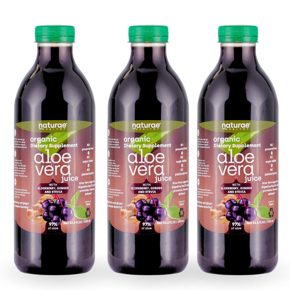 Naturae Healthy Aloe Vera Juice bottle with elderberry for natural digestive support.