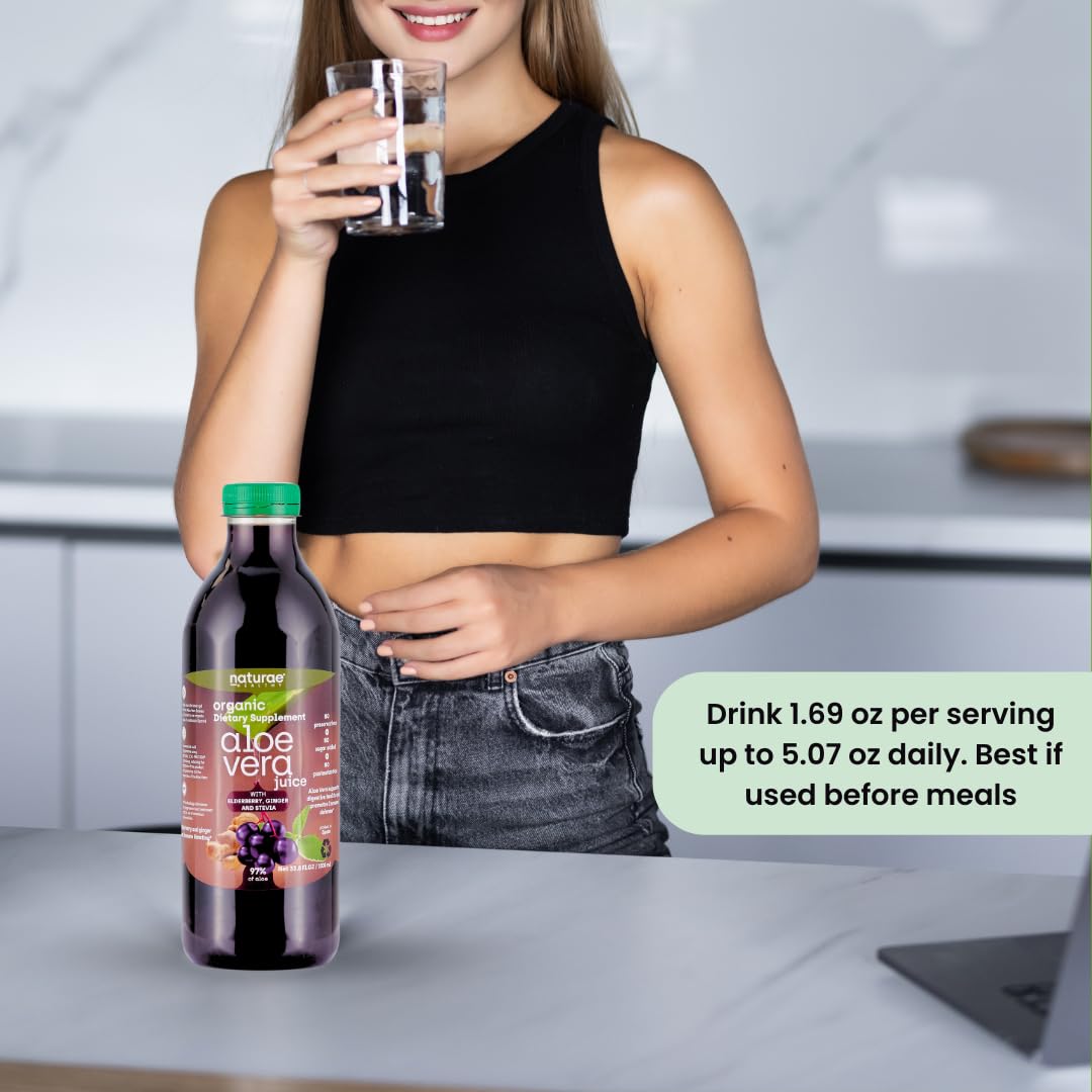 Ginger slices accompany Naturae Aloe Vera Juice for natural flavor depth.