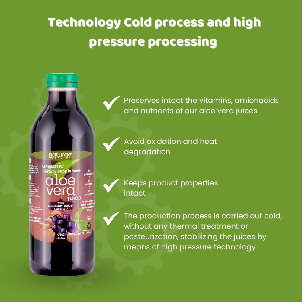 Front label of Naturae Healthy Aloe Vera Juice showing organic aloe and elderberry.