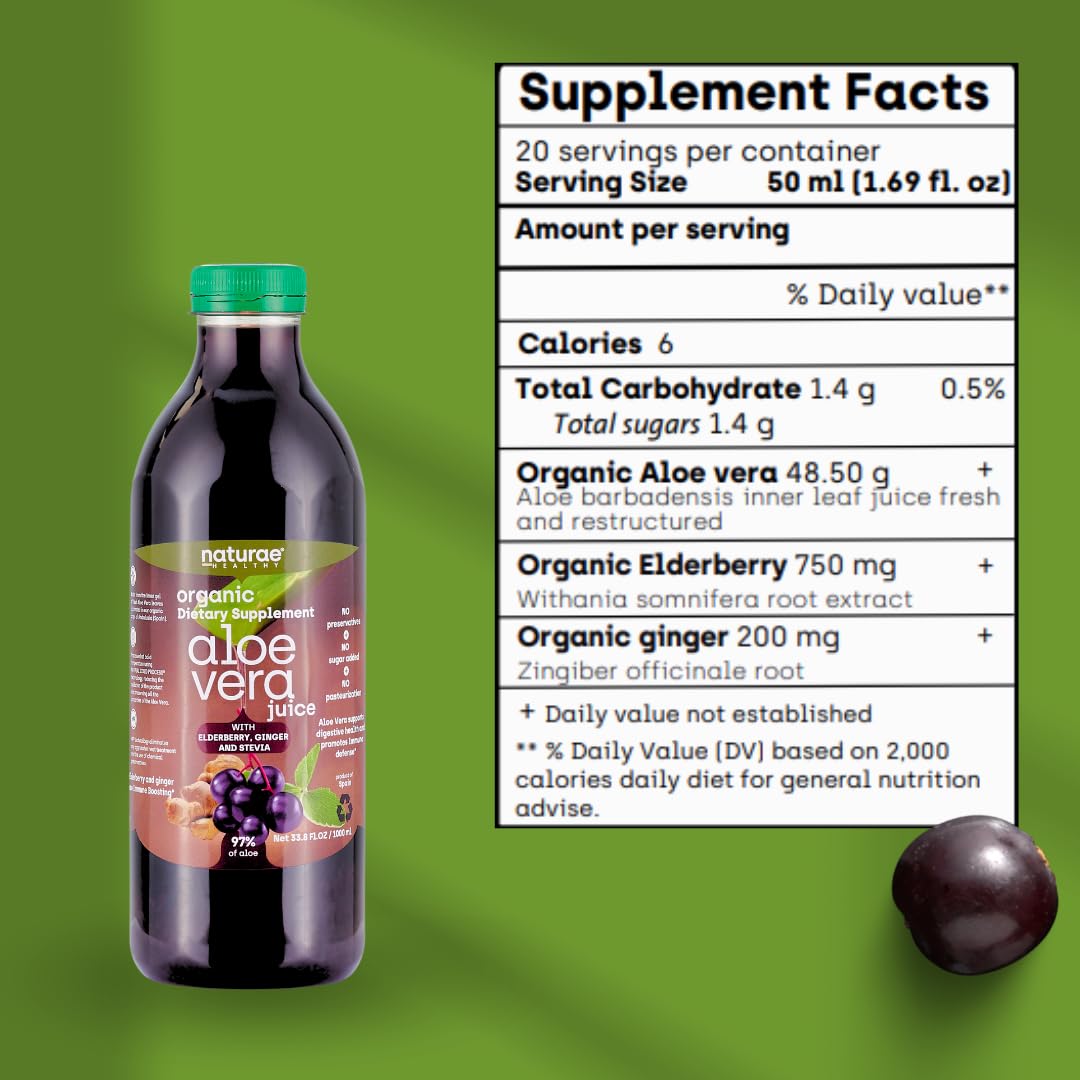Pouring Naturae Aloe Vera Juice from the bottle into a glass.