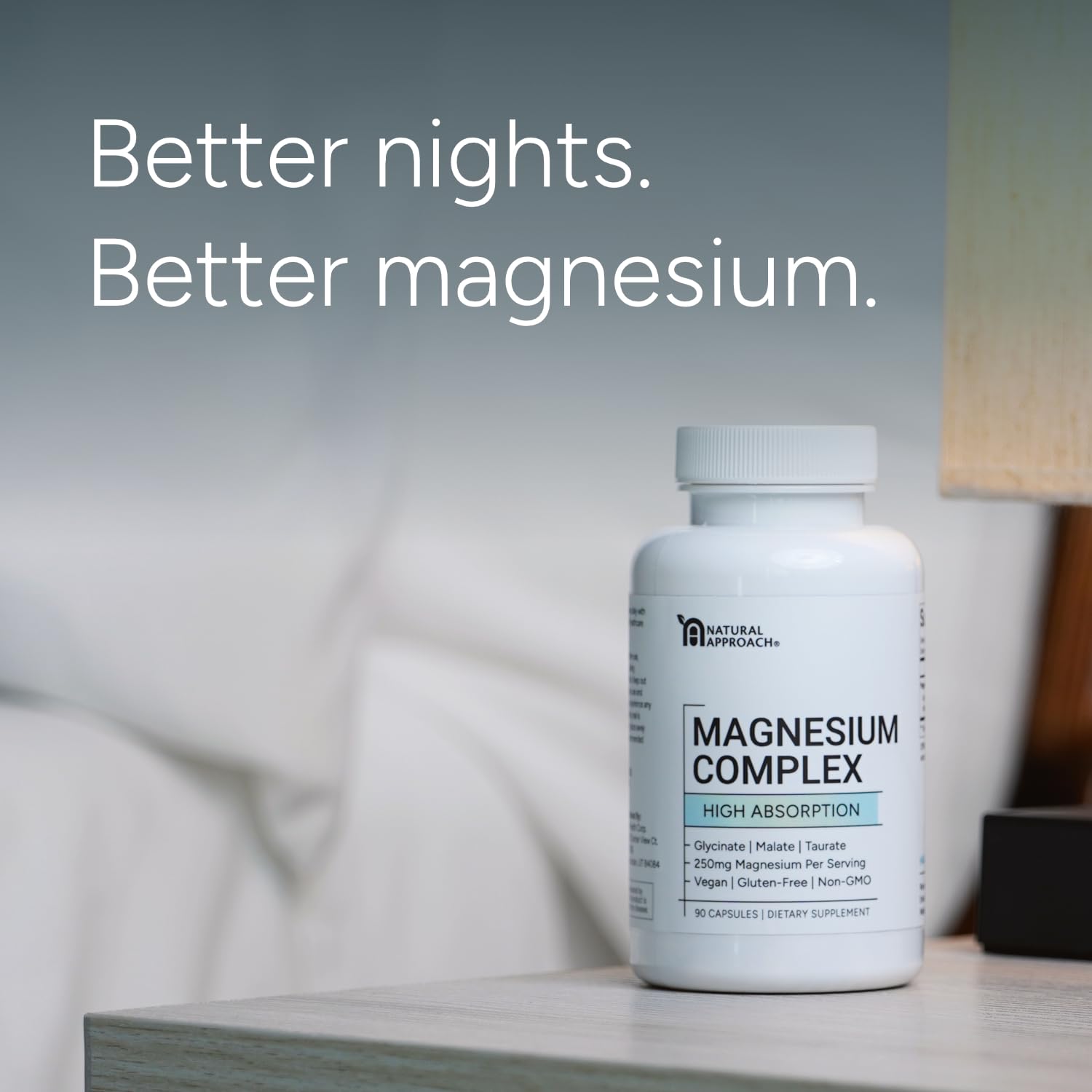 Natural Approach magnesium capsules next to water, ideal for a simple nightly routine.