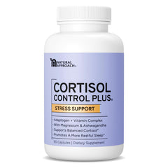 Natural Approach Cortisol Control Plus bottle front showing stress support potential for daily balance.