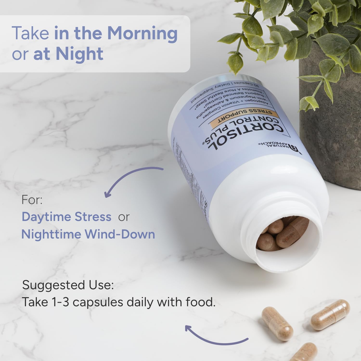Natural Approach Cortisol Control Plus label detail emphasizes USA quality and safety standards.