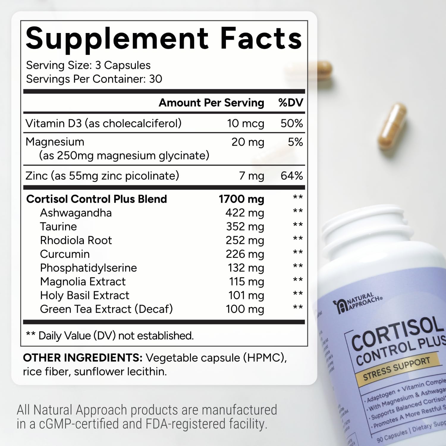 Natural Approach Cortisol Control Plus night-relaxation scene hints wind-down support.