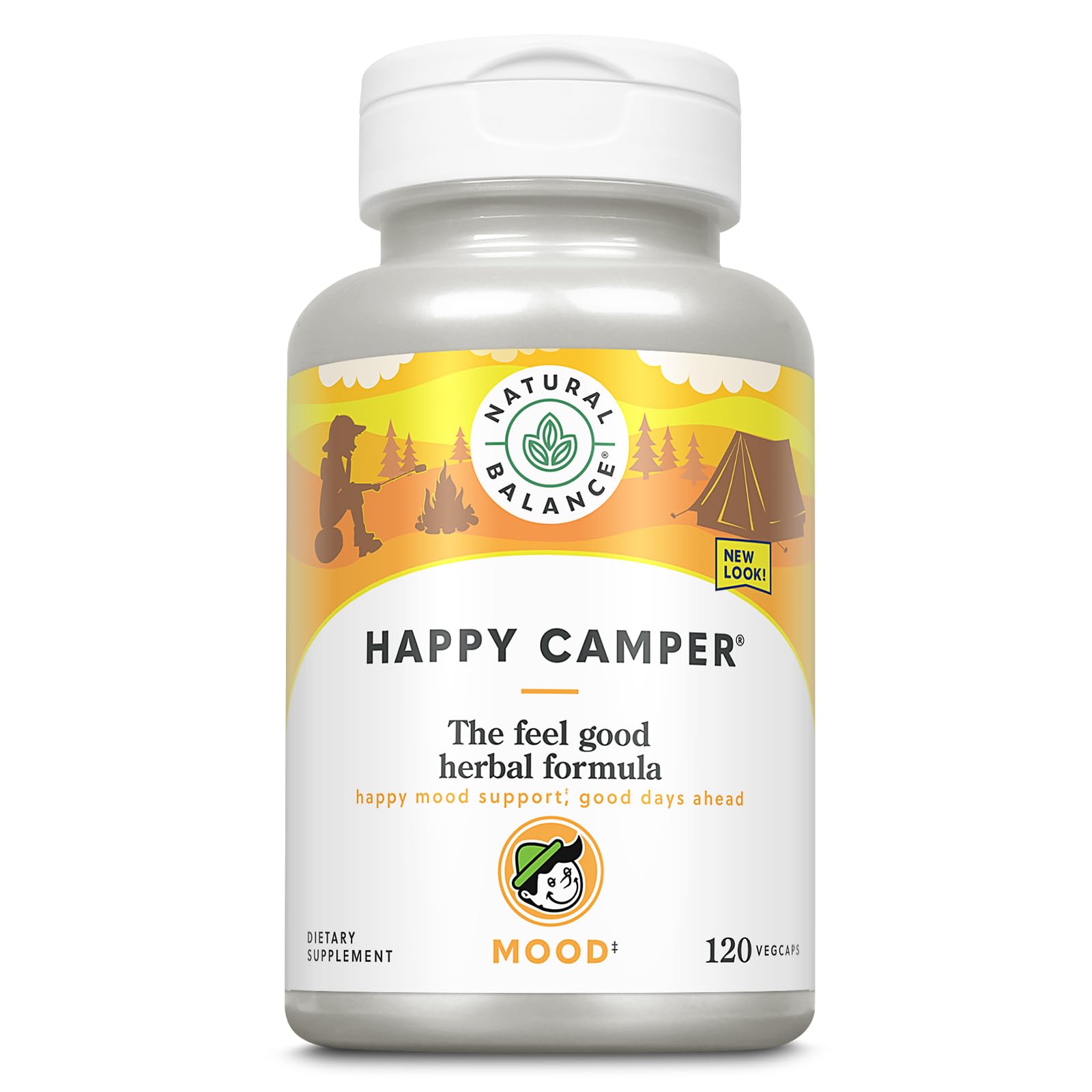 Natural Balance Happy Camper bottle front view emphasizing brand and mood-support focus.