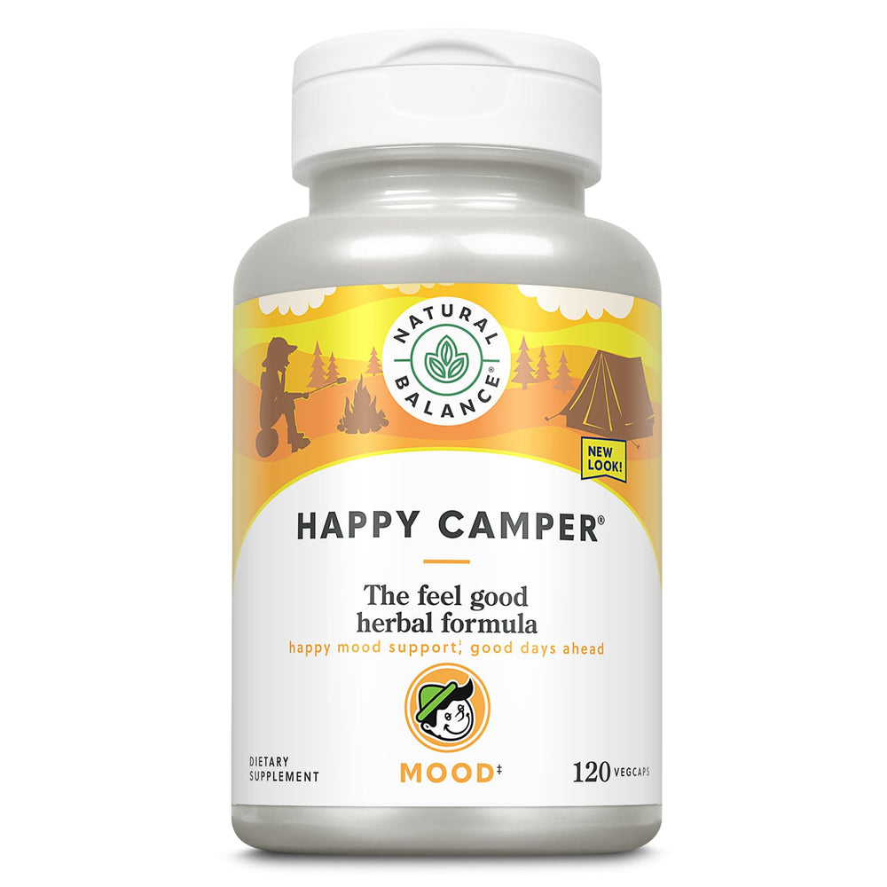 Natural Balance Happy Camper bottle front view emphasizing brand and mood-support focus.