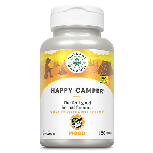 Natural Balance Happy Camper bottle front view emphasizing brand and mood-support focus.