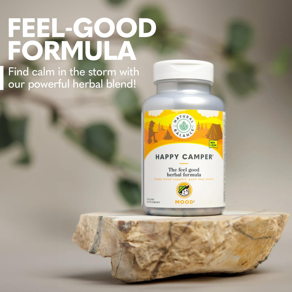 Happy Camper packaging box highlights traditional ingredients and quality.