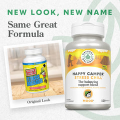 Natural Balance Happy Camper stress breaker label closeup highlighting key ingredients
