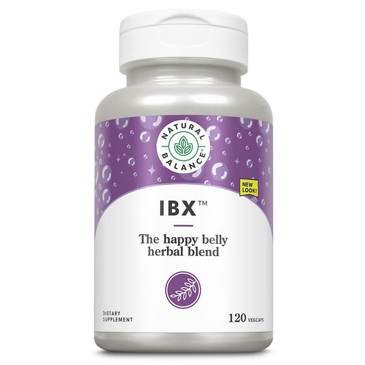 Natural Balance IBX bottle with capsules, promoting digestive comfort