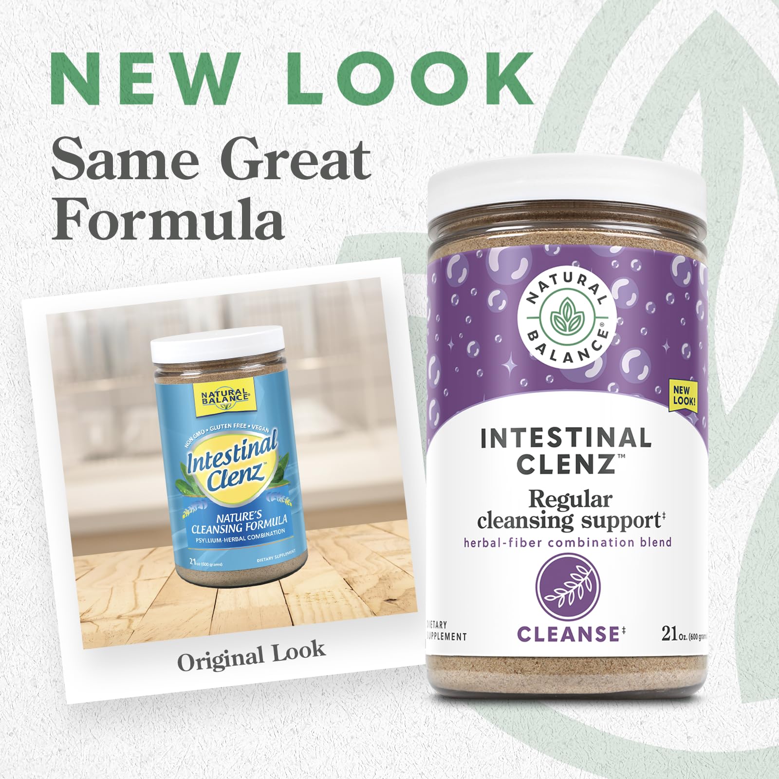 Natural Balance Intestinal Clenz powder mixed in water for gentle digestion support.