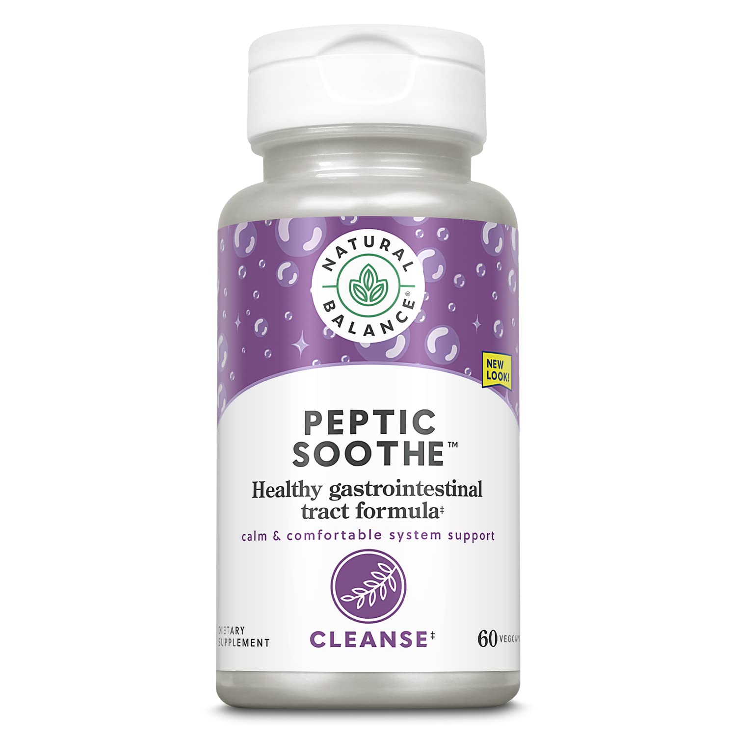Natural Balance Peptic Soothe bottle label close-up highlighting GI support benefits