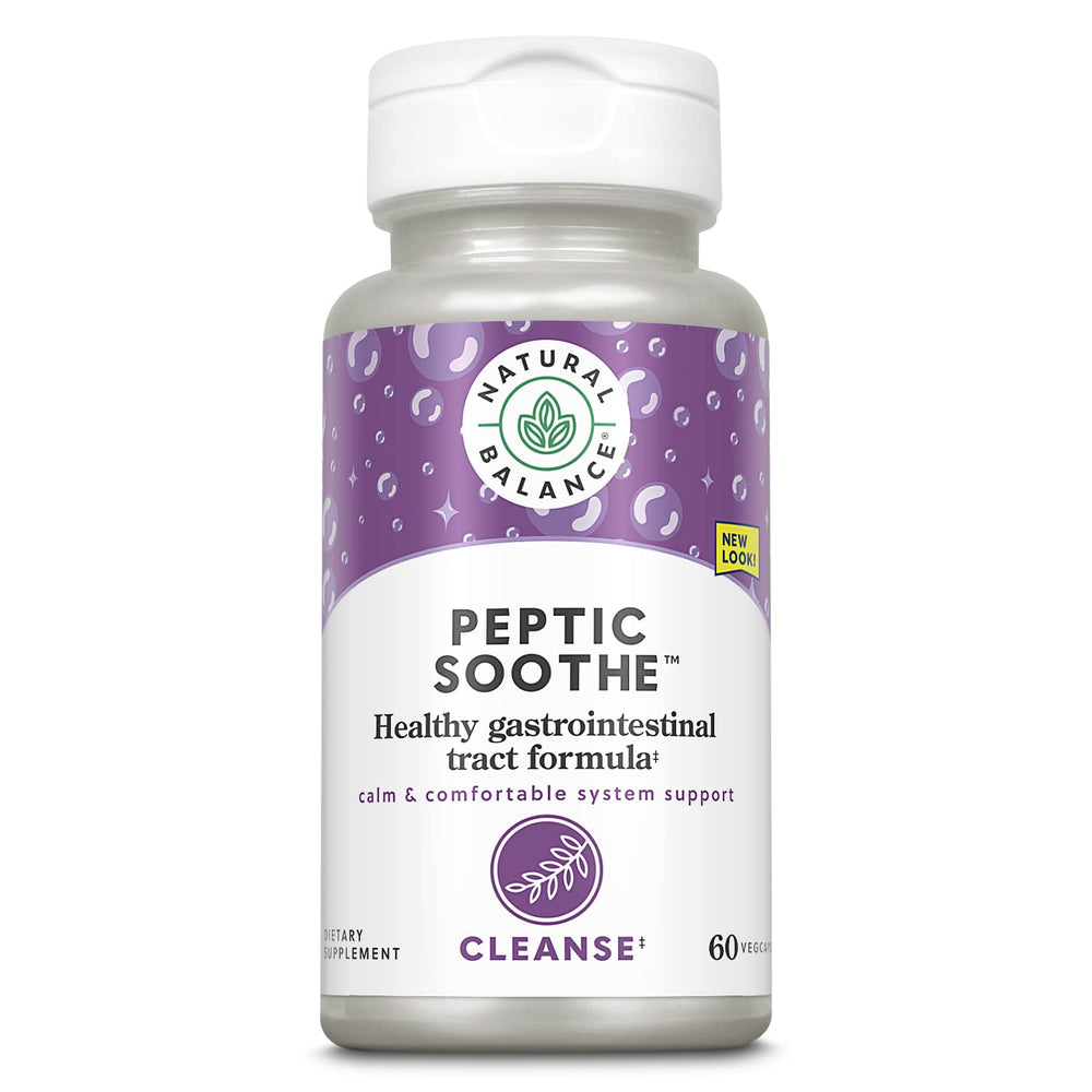 Natural Balance Peptic Soothe bottle label close-up highlighting GI support benefits