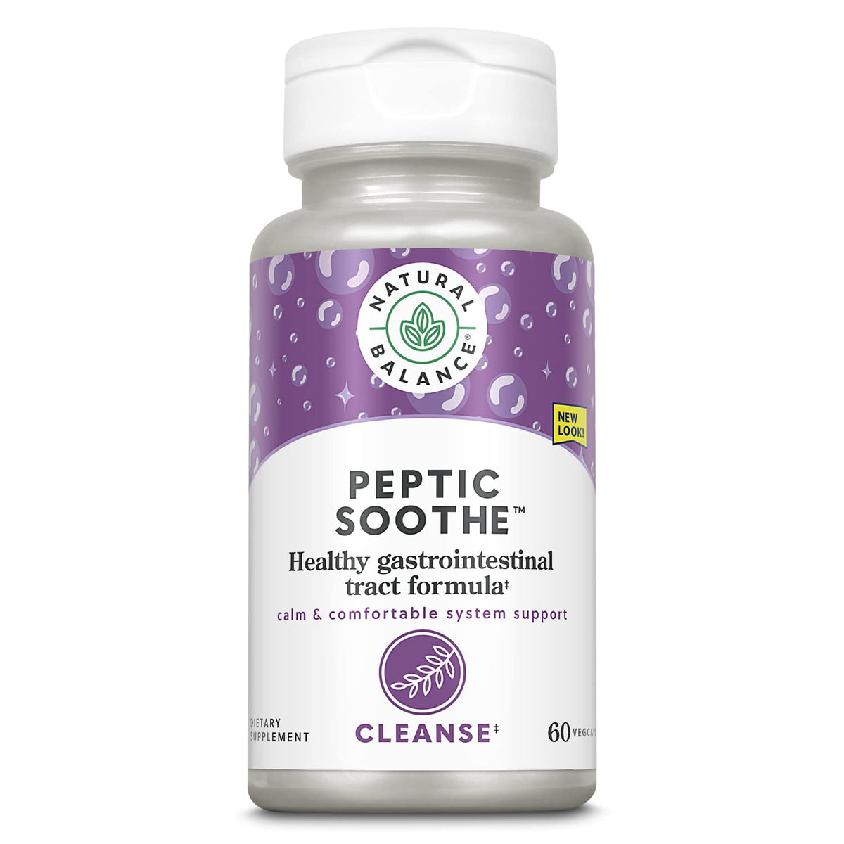 Natural Balance Peptic Soothe bottle label close-up highlighting GI support benefits