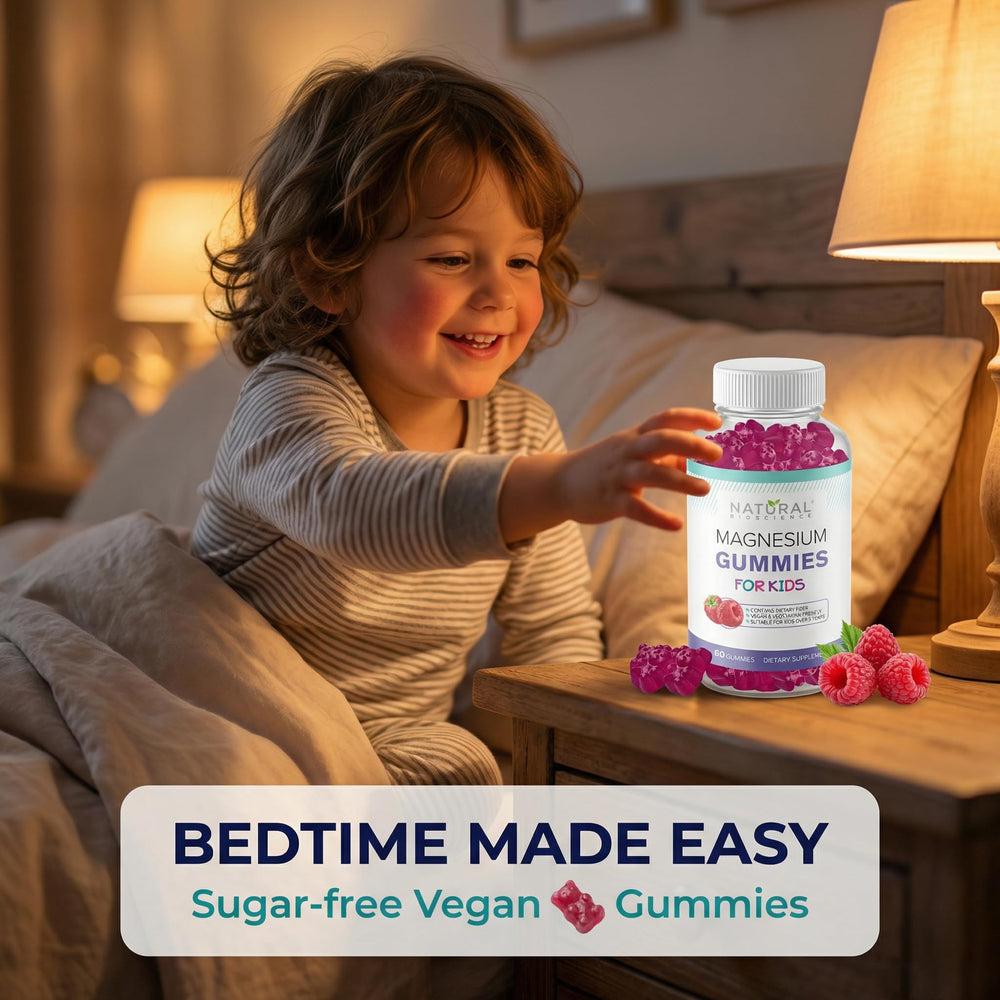 Natural BioScience Calm Kids Gummies kid smiling while taking a gummy