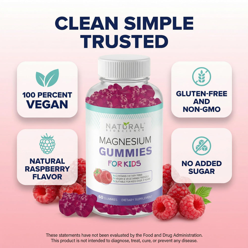 Natural BioScience Calm Kids Gummies label showing vegan and gluten-free features