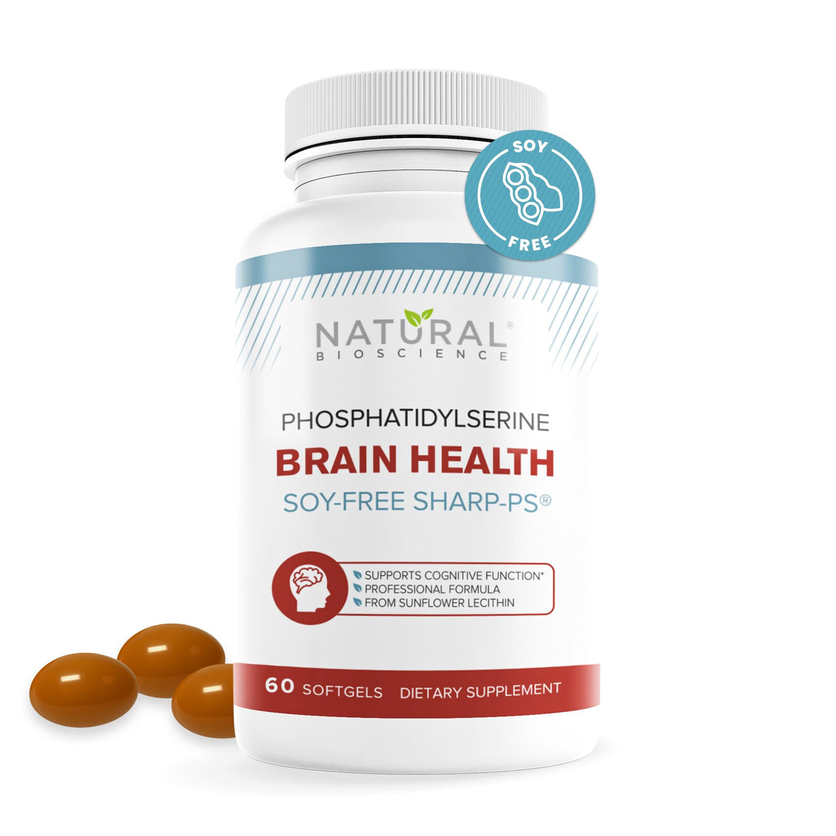 Natural BioScience PS100 softgel bottle highlighting 100 mg for memory and focus support.