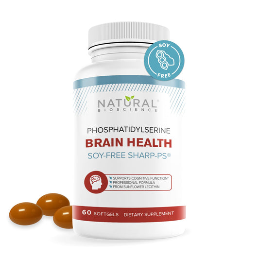 Natural BioScience PS100 softgel bottle highlighting 100 mg for memory and focus support.
