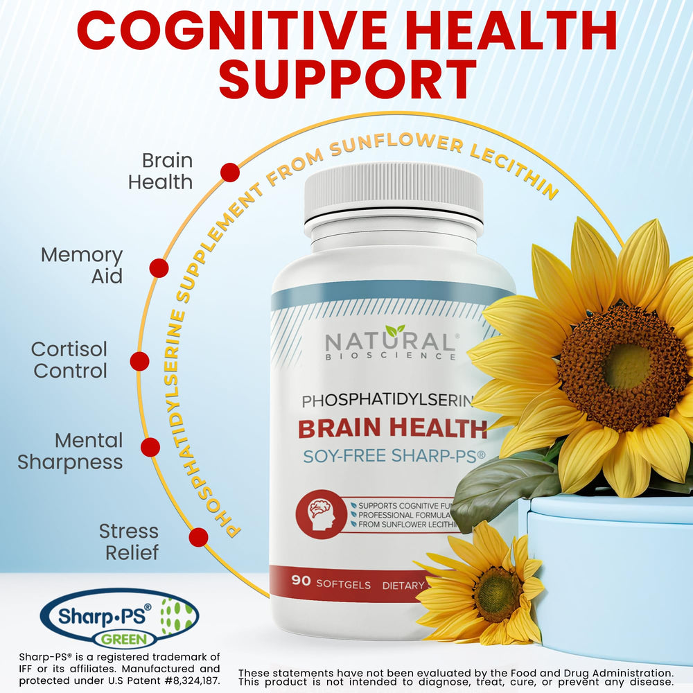 Natural BioScience PS100 softgel capsules arranged for daily learning and concentration.