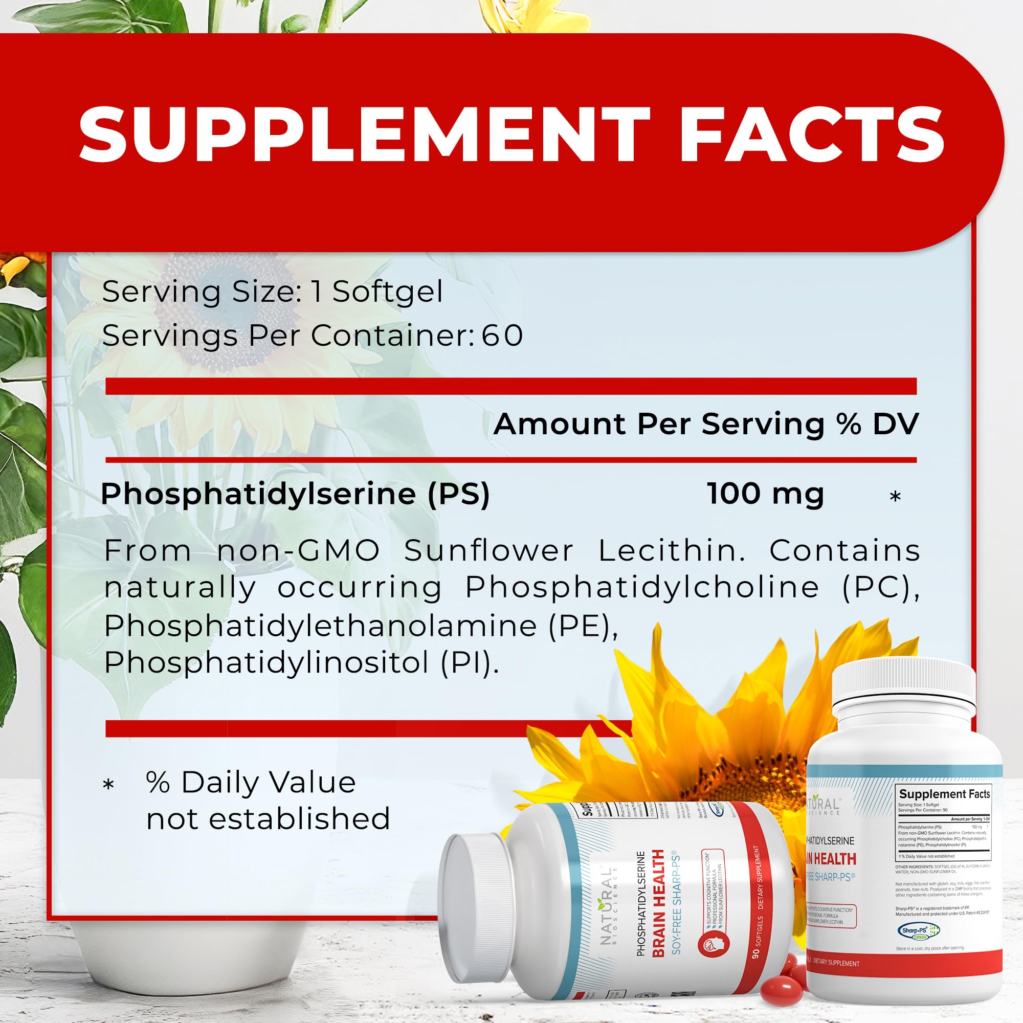 Natural BioScience PS100 sunflower lecithin ingredient panel signals plant-based, non-GMO formulation.
