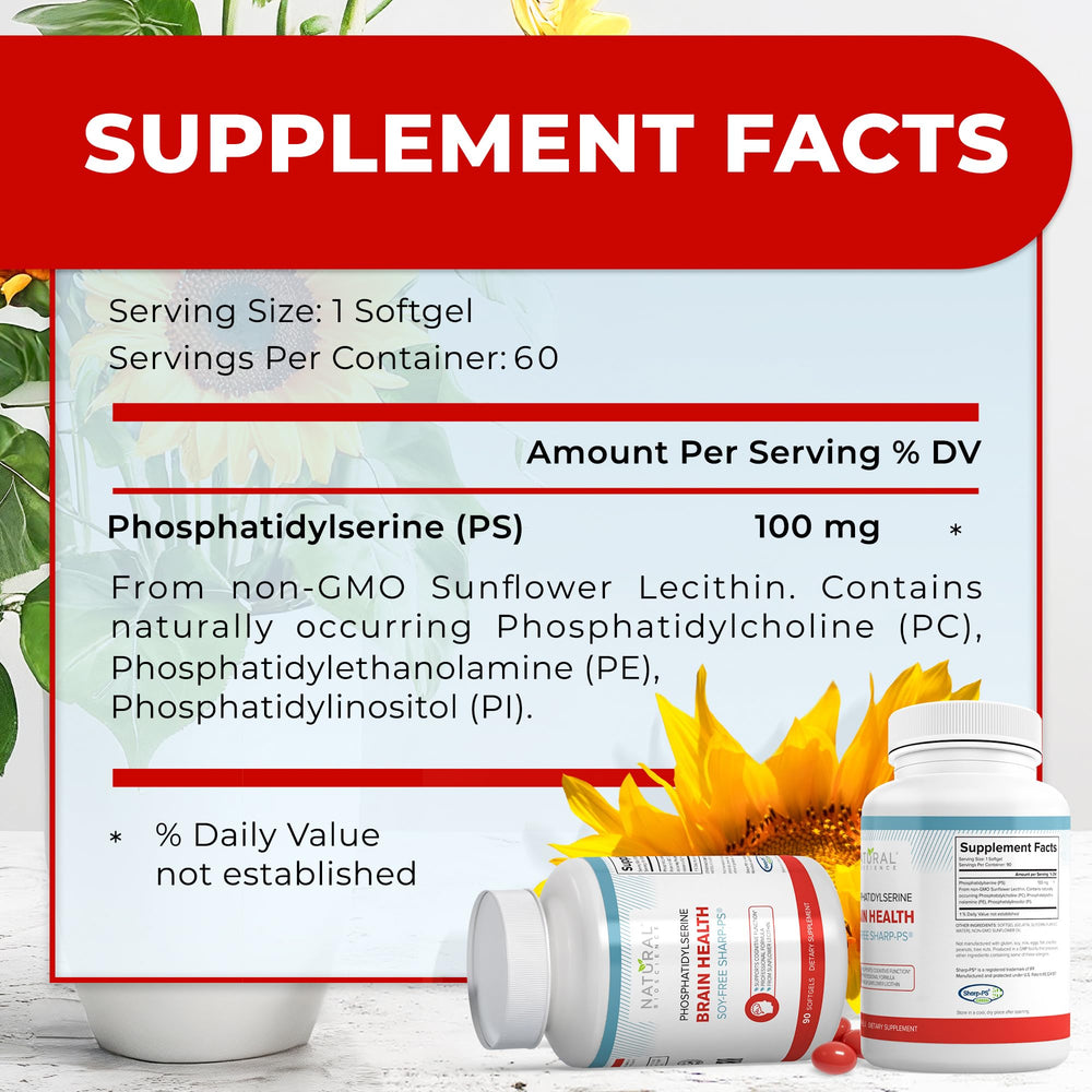Natural BioScience PS100 sunflower lecithin ingredient panel signals plant-based, non-GMO formulation.