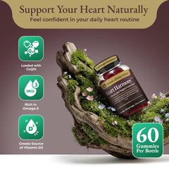 Natural Cardiology Institute Heart Harmony gummies packaging highlights chewy texture and plant-based formula.