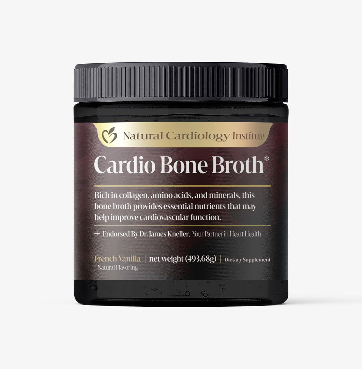 Natural Cardiology Institute Cardio Bone Broth Vanilla bottle supports heart health.