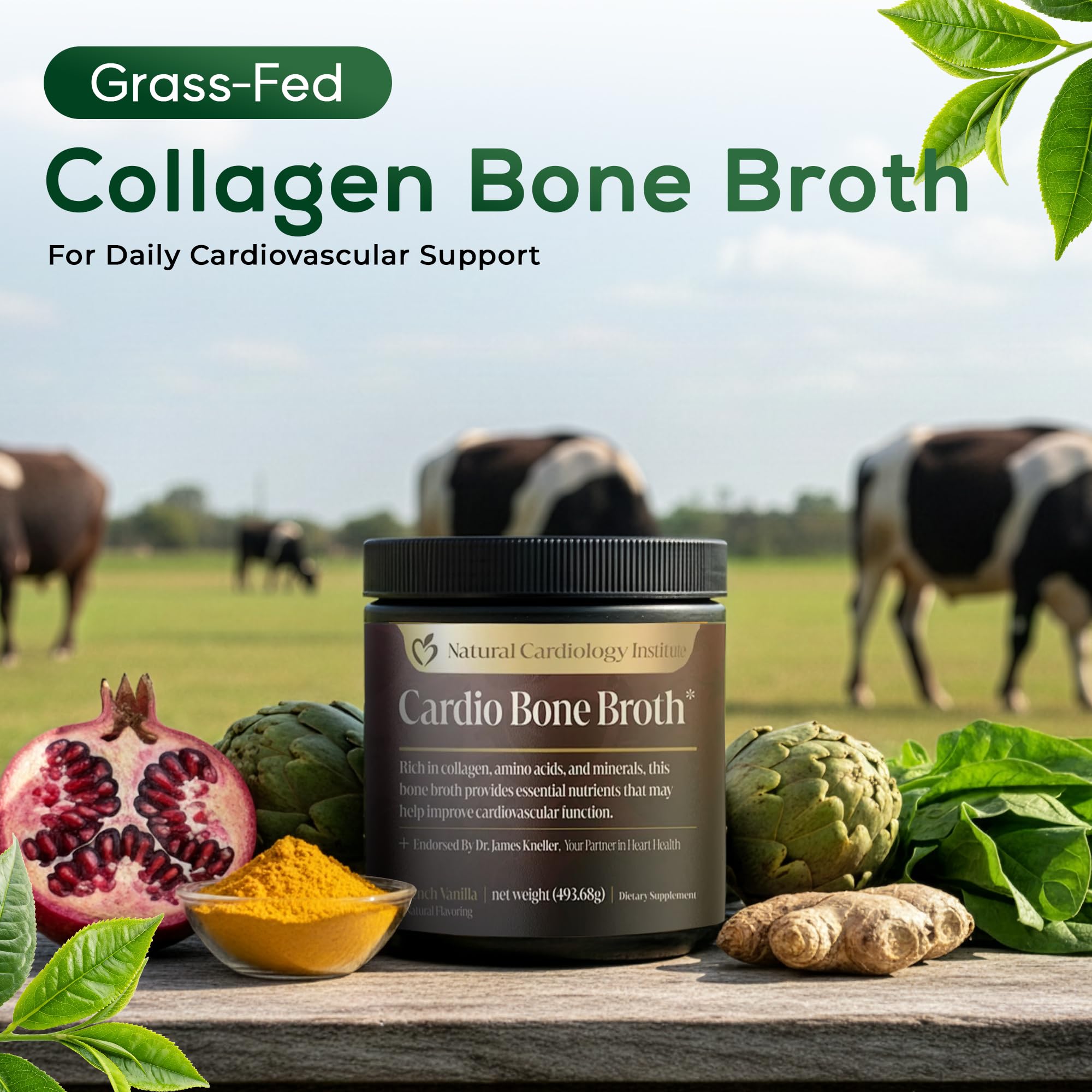 Natural Cardiology Institute Cardio Bone Broth Vanilla packaging close-up and label.