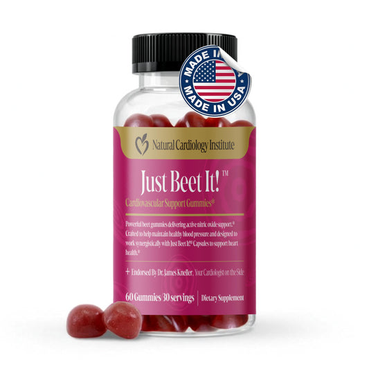 Natural Cardiology Institute Just Beet It beet root gummies bottle for daily heart support.