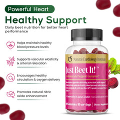 Natural Cardiology Institute Just Beet It ingredients panel shows beet root and CoQ10.
