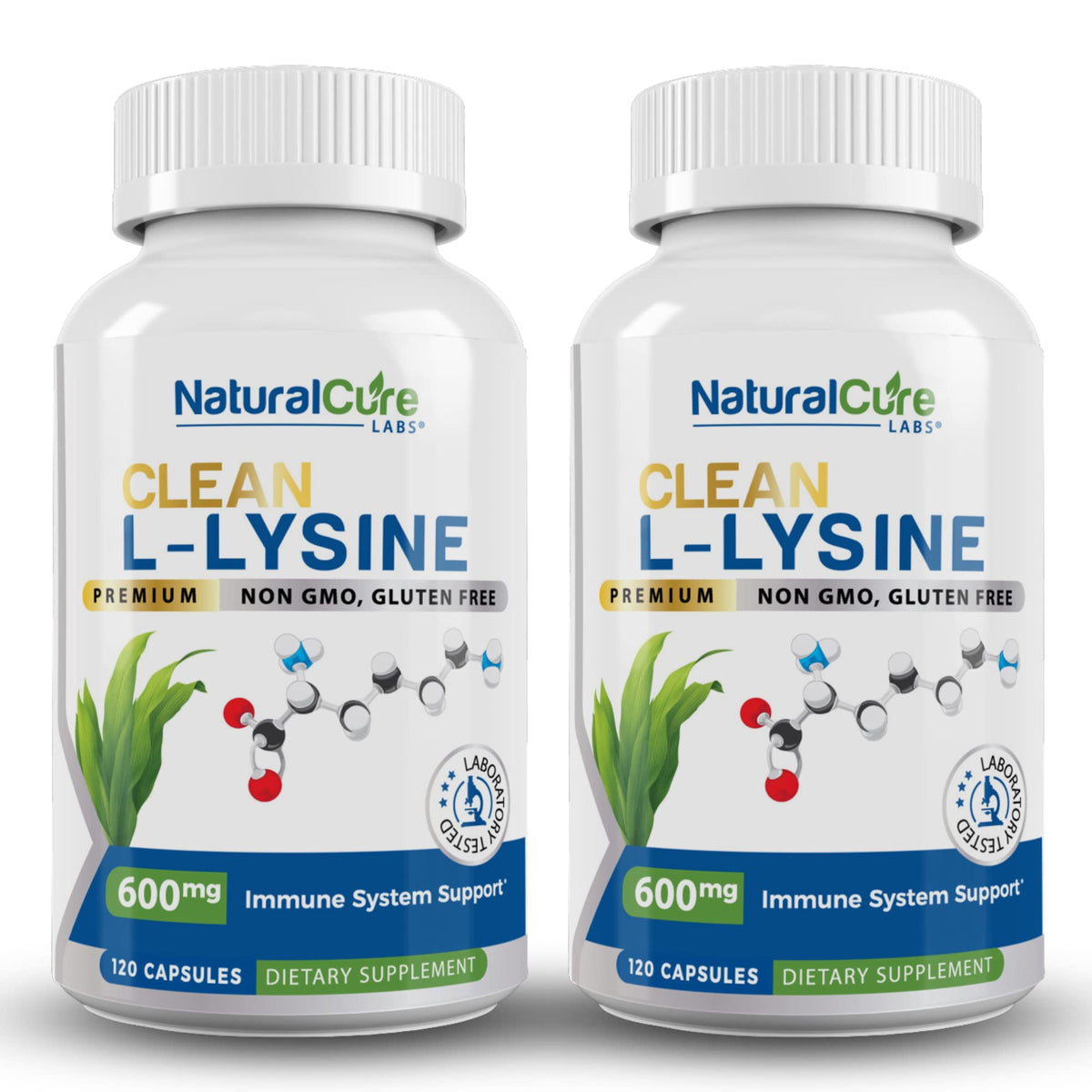 Natural Cure Labs Clean Lysine 600mg capsules in bottle for daily vegan support.