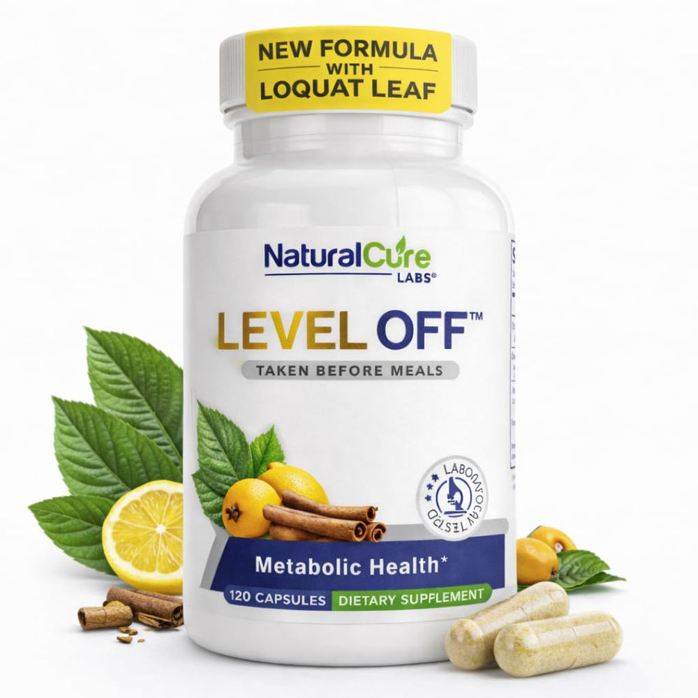 Natural Cure Labs Level Off bottle front shows vegan, non-GMO formula for daily support