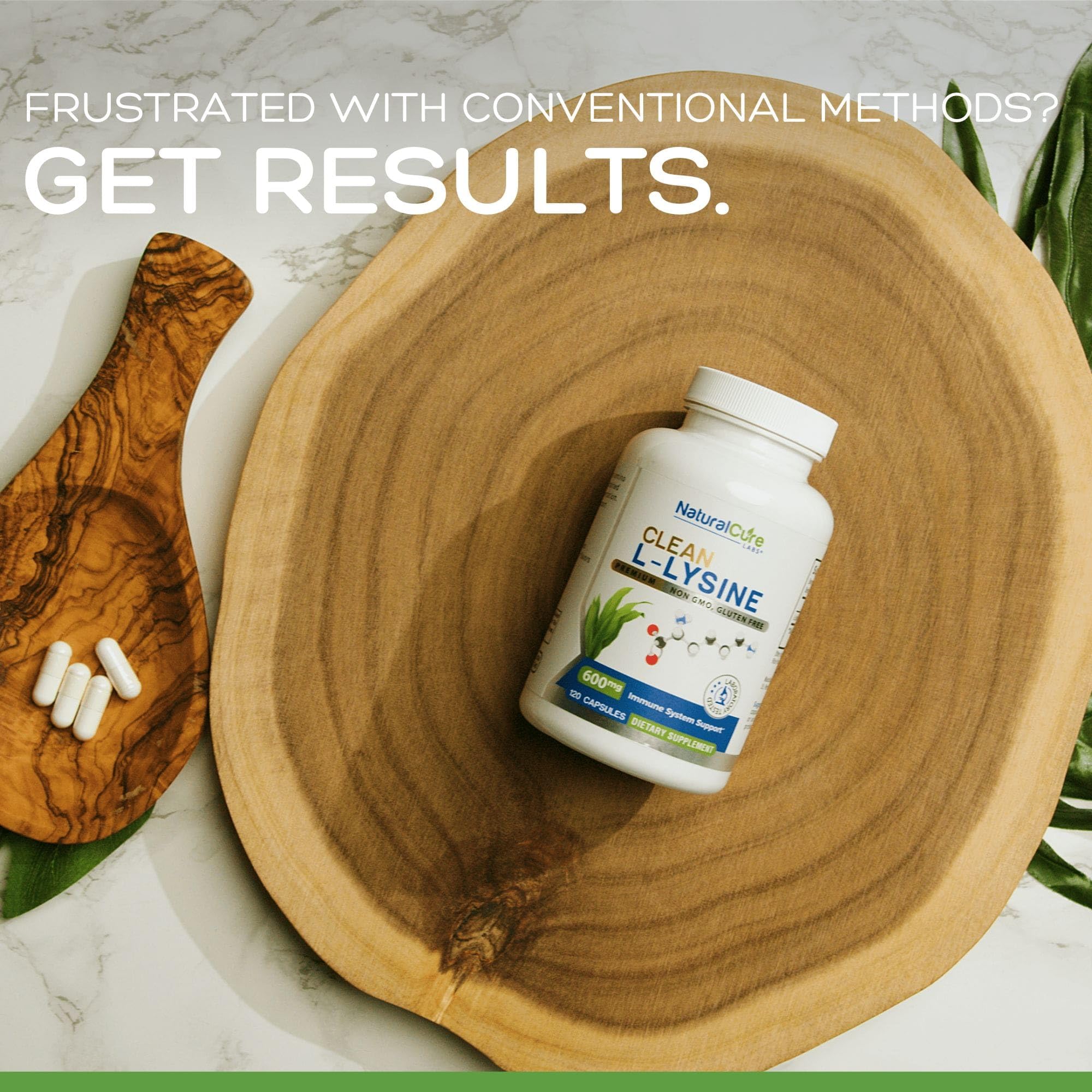 Natural Cure Labs Lysine 600mg capsules bottle shows USA formulation.