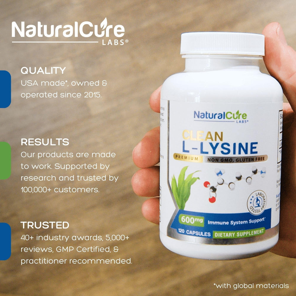 Natural Cure Labs Lysine 600mg capsules close-up, highlighting vegan formula for clean nutrition.