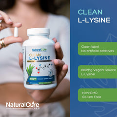 Natural Cure Labs Lysine 600mg capsules packaging emphasizes gluten-free formula.